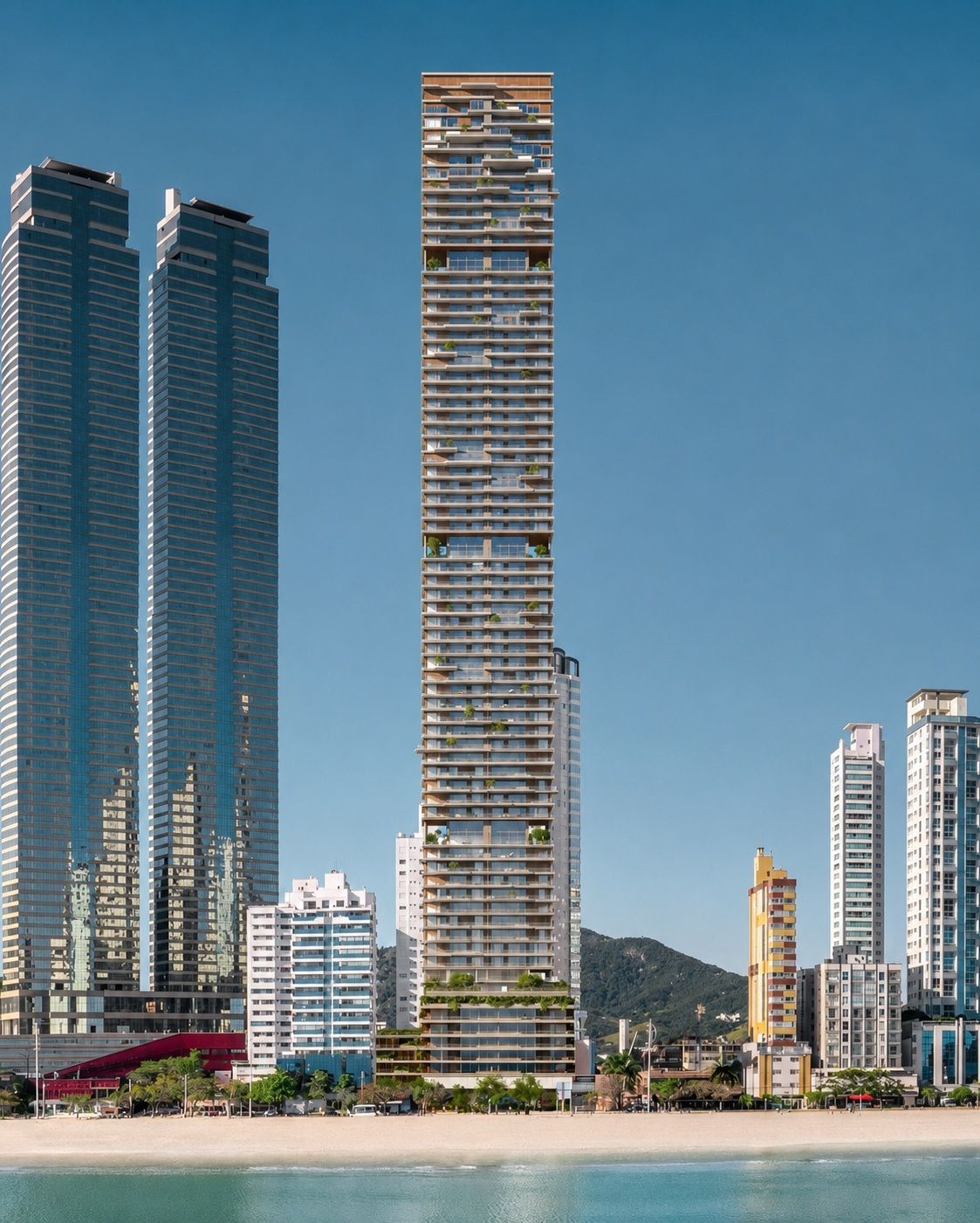 Fachada do Armani/Casa Residences by Embraed na orla da Avenida Atlântica, em Balneário Camboriú